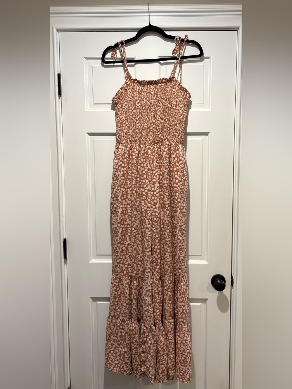 Girls Rust Floral Smocked Maxi Dress with Tie Straps